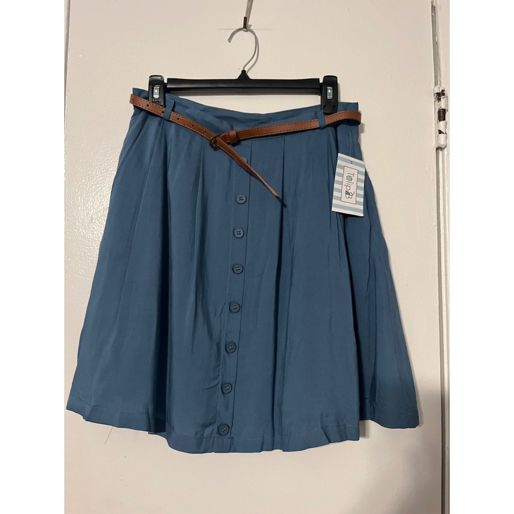 Tulip B‎ by JJ17 Womens Blue Button Front Belted Pleated A-Line Skirt Size L NWT